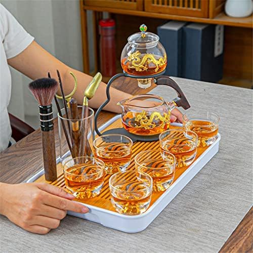 Walnuta Creative Glass Semiautomática Semi-Automática Lazy Conjunto de chá com xícaras Dragão Padrão de Dragão Bule de Tule