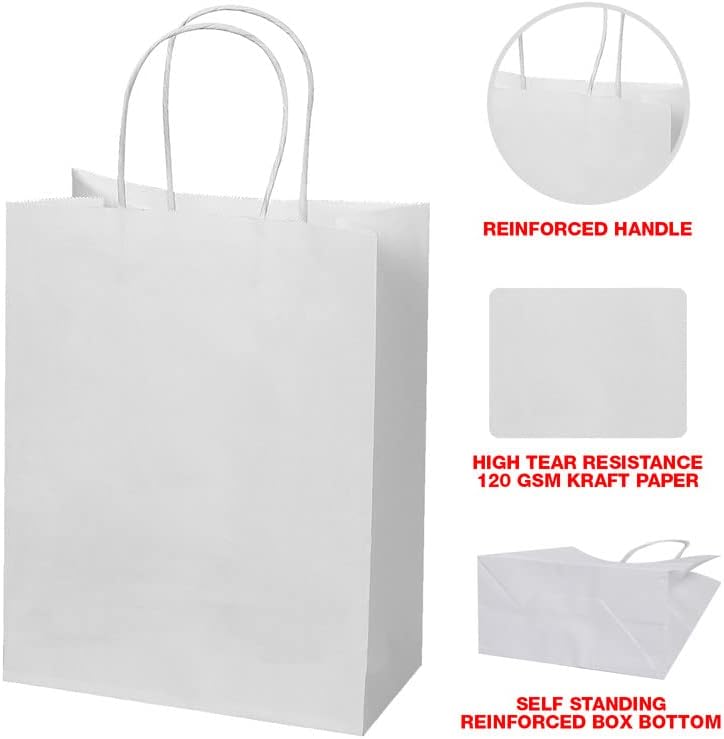 Ecotimize sacos de papel Kraft com alças, 400 PCs White 10 x 5 x 13 - Sacos de presente com segurança ecológica, segura e reciclável