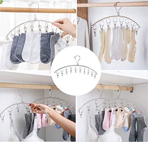 Cabide de roupas de secagem de lavanderia com 10 clipes, rack de secagem de meias em aço inoxidável, cabide de meias