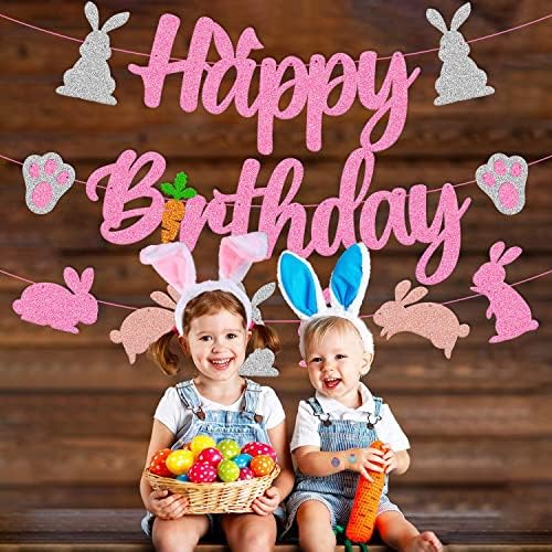 Banner de aniversário da Páscoa Banner Rabbit Bday Decorações de festas Bunny Paw Ears Cenout Cenout Day's Day Theme for Kids menino