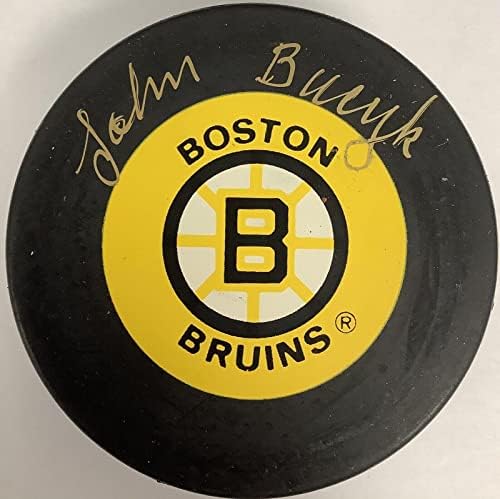 John Bucyk assinou o hóquei Puck NHL Boston Bruins Autograph Hof JSA Top 100 Chief - Autografado NHL Pucks