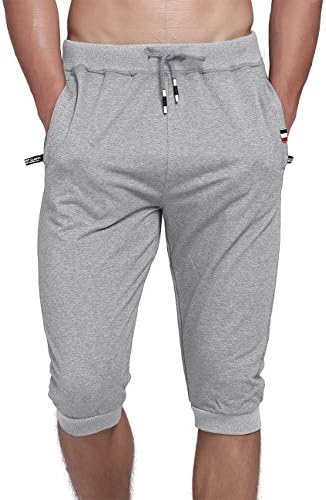 Ysento, algodão masculino Casual 3/4 corredor correndo com calças capréns abaixo do joelho ginástica shorts com zíper