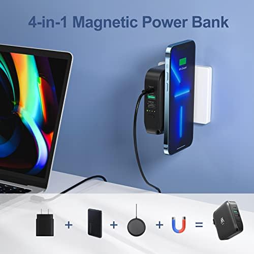 Myao Magnetic Wireless Power Bank, carregador de telefone portátil sem fio de 15w 10000mAh, 4 saída PD 20W, Bateria de telefone