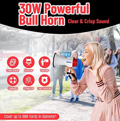 Playroute megaphone Bullhorn | Trocador de buzina de bull mais de 30 watts para adultos 6 vozes diferentes | Alto alto -falante com conexão Bluetooth | Megafone com sirene & apito, gravar e reproduzir