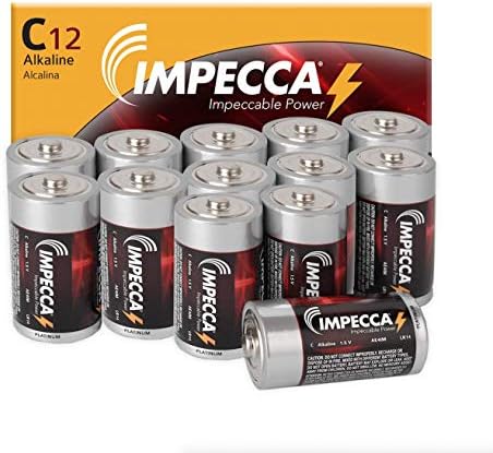 Baterias impecCA C de alto desempenho Alcalina C Bateria de células C com um vazamento de prateleira de prateleira de prateleira ultra longa de 10 anos resistente a 1,5V Baterias para todos os fins Platinum Series, 12-Pack