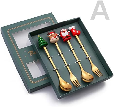 4pcs Spoons de Natal Forks Conjunto com Caixa de presente Green Árvore de Natal Creative Árvore de Natal Papai Noel Gold Gold Aço