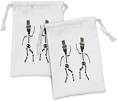 Conjunto de bolsas de tecido de esqueleto de Ambesonne de 2, dancing Halloween Diverty com chapéu e gravata, pequena bolsa de cordão