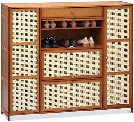 Monibloom Rattan Shoe Gabinet com 3 gavetas Rattan Pattern Sapta livre Sapat