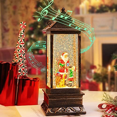Snow Globe Christmas Lantern Decorações, lanterna musical do globo de neve com glitter rodopiante, Papai Noel Gre presentes e decorações