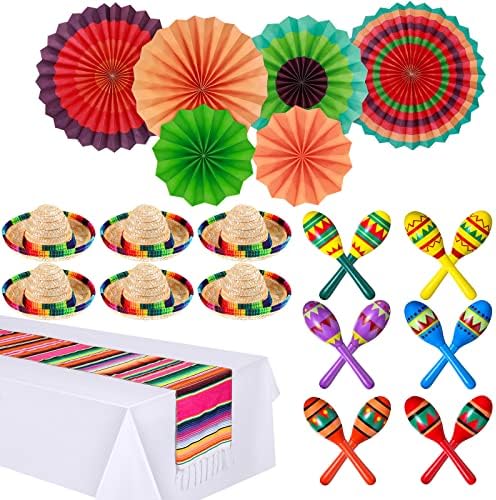Jexine 26 peças Decorações de festa Fiesta, incluindo 12 Fiesta Maracas, 6 chapéus de festa sombrero, 6 fãs de papel de