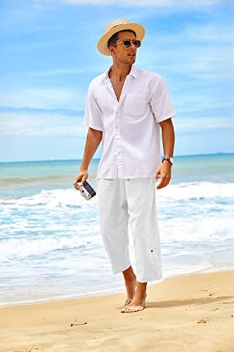 Coofandy masculino de linho masculino Capri Capri Cantura elástica Casual Cotton Cotton Beach Yoga Boho com bolsos