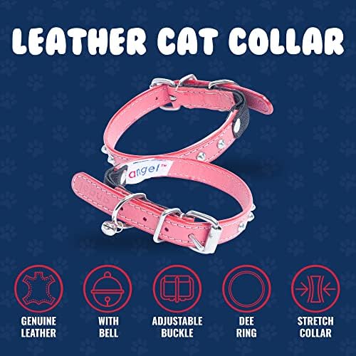 Collar de gato cravejado, gola de gatinho de couro genuíno, colar de gato robusta com sino e elástico, acessórios para gatos, rosa bubblegum, 12 x 1/2 polegadas - material de estimação de anjo