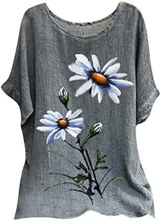 Blusa de algodão de linho feminino Manga curta 2023 Crew pescoço pescoço gráfico imprimir blusa casual floral camiseta para meninas