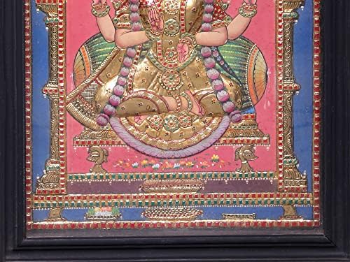 Deusa da Índia Exótica Lakshmi sentada na pintura do trono Tanjore | Cores tradicionais com ouro 24K | Teakwood Fram