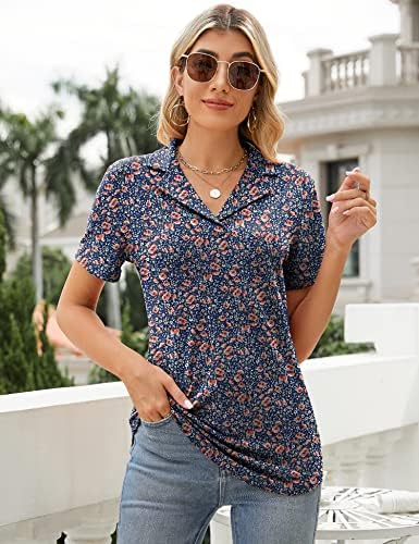 Rapbin Camisas de pólo feminino colarinho de lapela V Blusa de manga curta de coluna curta Tops de túnica casual Casual