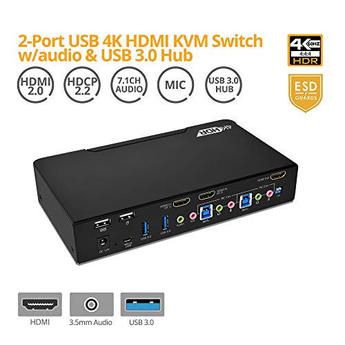 GOFANCO Prophecy HDMI 2.0A KVM Switch 2 Porta - 4K @60Hz 4: 4: 4, HDR, 18 Gbps, 3d, HDCP 2.2/1.4 - teclado USB/mouse mais
