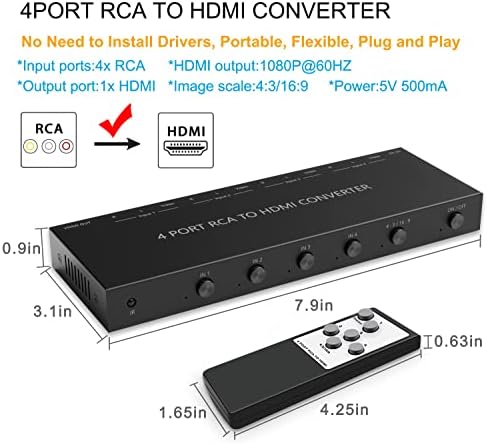 RUIPUO 4AV para HDMI Converter Dual RCA para adaptador Adaptador HDMI Adaptador HDMI com suporte remoto IR Suporte rápido Suporte de interruptor 16: 9/4: 3 Wii N64 PS2/3 VHS VHS DVD DVD etc.