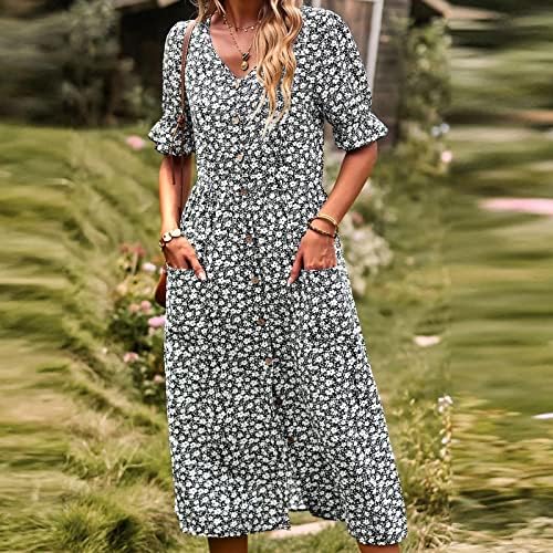 Vestido Maxi BOHO Floral para mulheres agitadas de manga curta para baixo vestido casual de férias vestido de praia com bolso