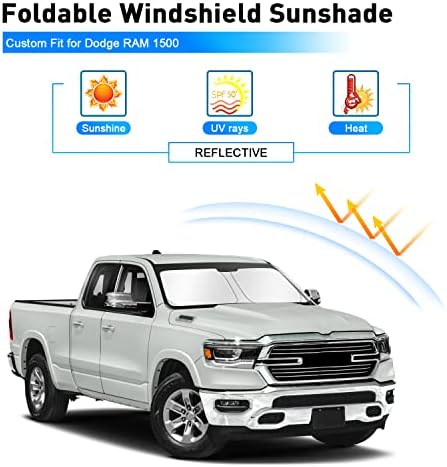 Remoch Windshield Sun Shade para Dodge Ram 1500 2019-2023 Acessórios, ajuste personalizado Dobrável SunShade Sun Visor Shield Protector, Blocks Raios UV Mantenha seu carro mais frio