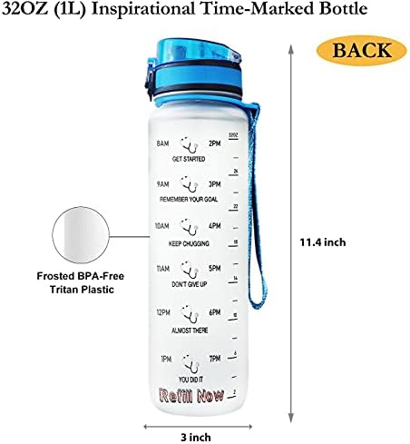 64hydro 32oz 1 litro garrafa de água motivacional com marcador de tempo e filtro removível, fluxo rápido, flip top à prova de