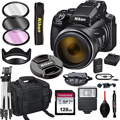 Nikon Coolpix P1000 16.7 Câmera digital + cartão de 128 GB, tripé, flash e muito mais, preto