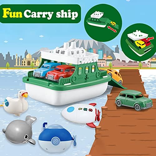 Brinquedos de barco de balsa de okgiugn com 4 carros e 4 brinquedos de natação de banheira, garotos de banho de banho