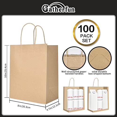 Gatherfun 100pcs 8 ”x4,75” x10 ”Sacos de papel personalizáveis ​​com alças, sacolas de compras, bolsas de papel, sacolas de varejo,