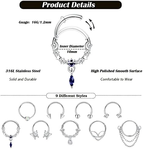 Jóias de piercing de septo de anel de anel de anel de aço 16g de anel para mulheres para mulheres aço inoxidável septo nariz anéis