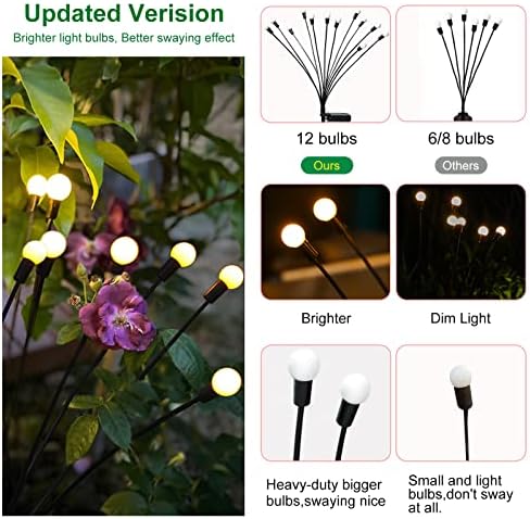 Luzes solares do jardim solar ao ar livre Angmln, 24 LEDs 2 Luzes de Firefly Pack, Paisagem de Luz de Luz à prova d'água Luzes