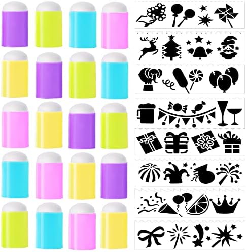 20 PCS Dardos de esponja de dedos com 8 pacotes Desenho de modelos de estêncil para tinta, giz, pintura, estampagem, desenho,