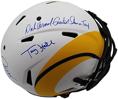 Dick Vermeil, Torry Holt e Isaac Bruce assinaram o capacete lunar da NFL autêntico de Los Angeles Rams com uma inscrição Greatest Show on Turf - Capacetes NFL autografados