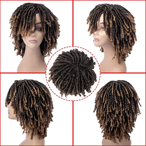 Hahoness curtas perucas de locs com pequenas extremidades para mulheres e homens negros, 7 polegadas ombre loira afro sintético peruca, perucas de dreadlock com malha interna de renda respirável
