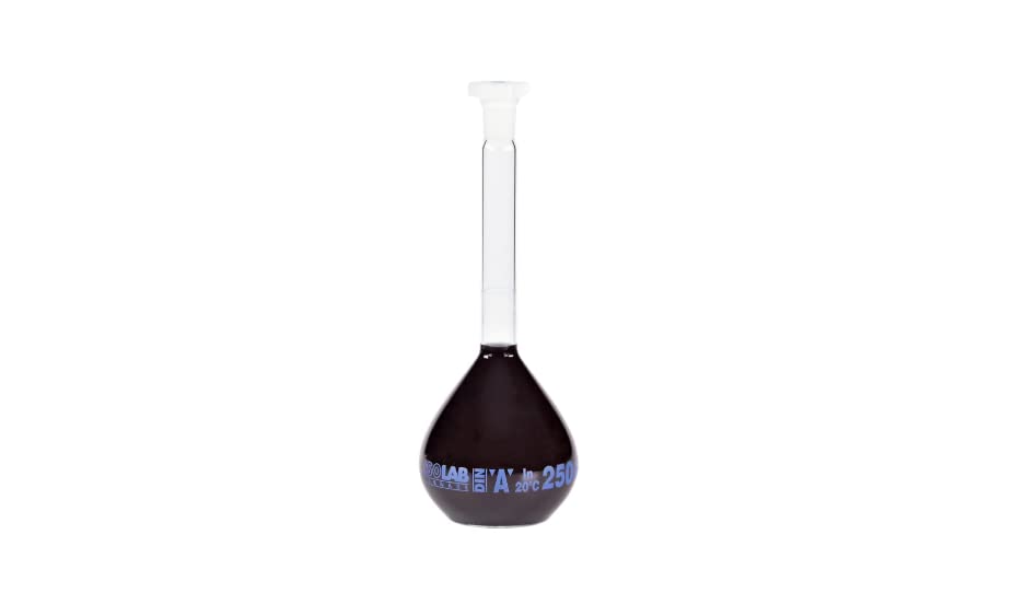 Isolab - Flask Volumétrico - Padrão - Clear - Classe A - Certificado em lote de conformidade - Escala Azul - 250 ml - NS 14/23, pacote de 2