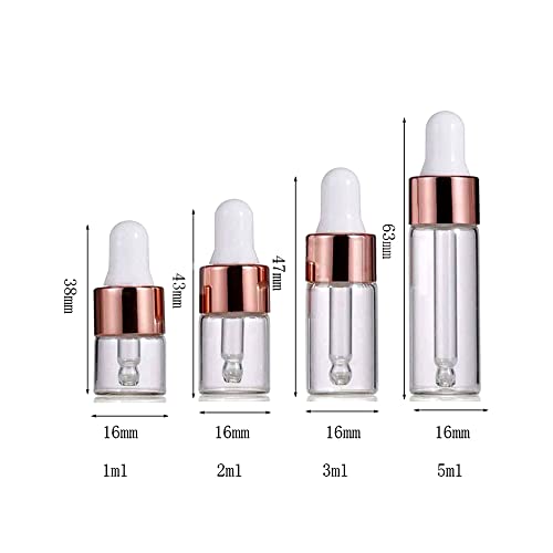 5pcs Mini garrafas de aromaterapia de aromaterapia com garrafas de pipetas de reagente de tampa de ouro rosa, 1ml