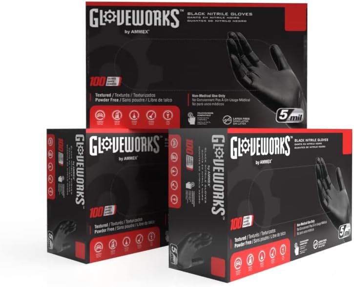 Gloveworks preto luvas industriais descartáveis ​​de nitrila, 5 mil, látex e sem alimentos, segura, texturizada, x-grande, 3 caixas