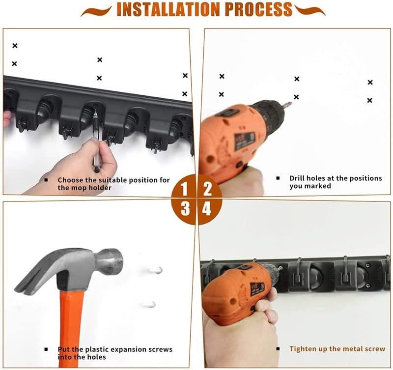 Auto-ajuste o suporte da vassoura de mop rack de remoção sem esforço e segure firmemente os ancinhos e ferramentas de