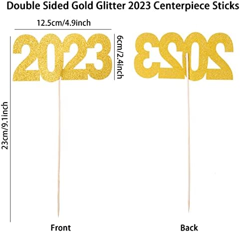 12 peças GLITTER 2023 Pasta central Becks de prata Dupla face 2023 Partema de formatura Sticks 2023 Picks florais Tabel de mesa de mesa Topper para 2023 Graduation Ano New Party Decoration Supplies, 4.9x9.1