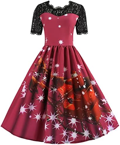 Vestido de flare de impressão de Natal para mulheres elegantes vestidos de manga curta de manga curta Festa de férias Vestido Flowy