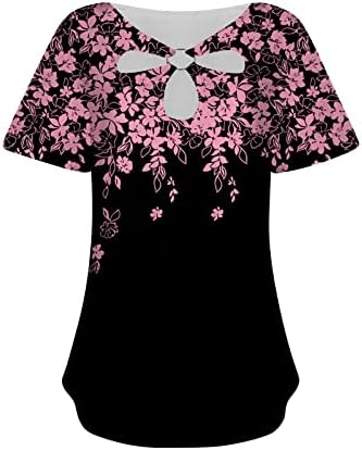 Pescoço redondo de recorte feminino Manga curta Camiseta casual Top Top Blusa de túnica solta com legging