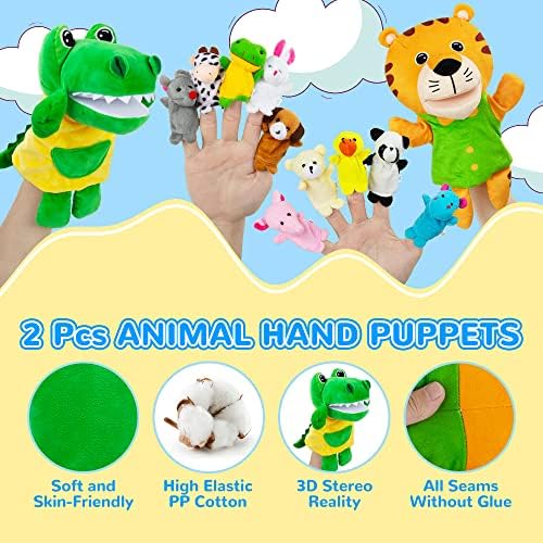 Puppets de bena com 2 fantoches de mão e 10 fantoches de dedos - brinquedos de fantha de dedo de animais macios para