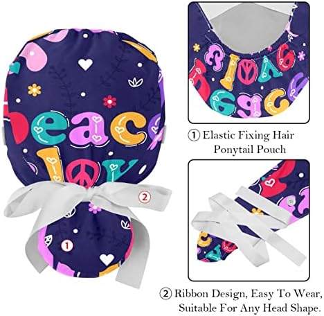 2pcs Cap de trabalho com a fita de botão Amarra a paz Paz e o amor Ponytail bolsa Chapéus para mulheres
