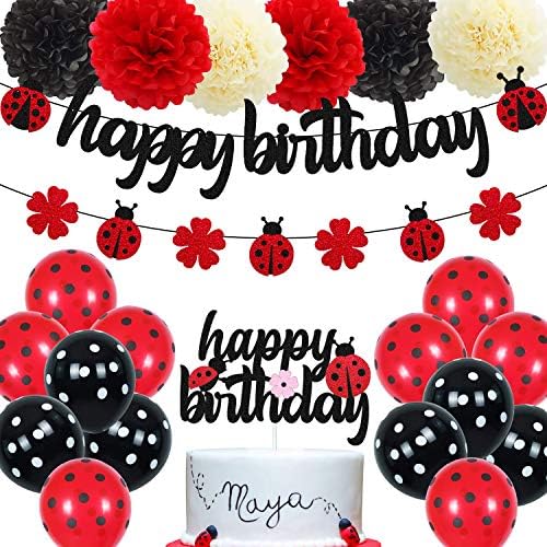 Ohiviaaa Ladybug Birthday Decorações Ladybird Banner Banner Bolo de joaninha Bolo Topper preto Red Latex Balão Pom Pom Flores