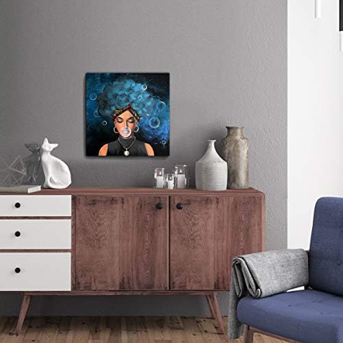 Decoração de parede do quarto pinturas de impressão de mulher afro -americana Arte de parede emoldurada para banheiro escritório de cozinha moderna decorações de quartos populares obra de arte com tamanho de cabelo azul 14x14 polegadas pronto para pendurar