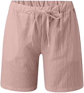 Shorts de largura de linho femininos elásticos de cintura alta coloração sólida praia curta casual fitness shorts com bolsões com