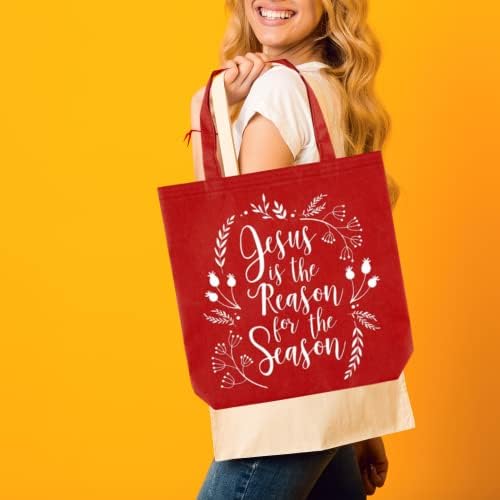 Jesus é a razão da sacola inspirada no Natal da estação, bolsas cristãs religiosas vermelhas, mercearia reutilizável e saco de presentes