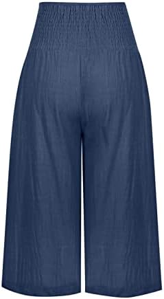 Calças de trabalho confortável feminino colorir calças de sete pontos de cintura elástica casual com bolsos calças de linho