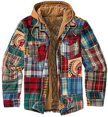 Camisa de jaquetas acolchoadas de zdfer para homens, outono com capuz de inverno com zíper checado casaco grosso xadrez solto e casual
