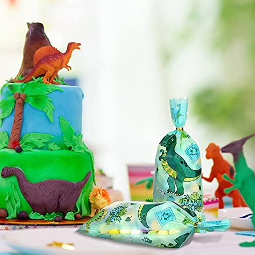 Fulmoon 100 peças Sacos de celofane de dinossauros Party Candy Dino Theme Goodie Treat com 150 laços de torção para suprimentos, 5 x 11 polegadas, 250 peças Conjunto de peças