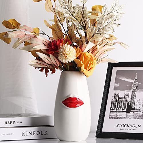 Vaso bonito, vaso de cerâmica de lábios vermelhos grandes, vaso branco para grama pampa, vaso de rosto, minimalismo feminista Decorativo