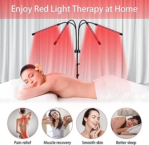 Luz infravermelha, 660nm ＆ 850nm Lâmpada de tratamento de luz vermelha, 4 cabeças Lâmpada de calor infravermelho vermelho, 5 modos